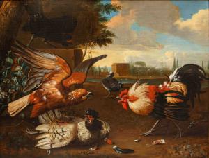 Nachfolger von Melchior de Hondecoeter (Utrecht, 1636 – Amsterdam, 3. April 1695), 18. Jahrhundert, Ein Hahn verteidigt eine Henne vor dem Angriff eines Greifvogels